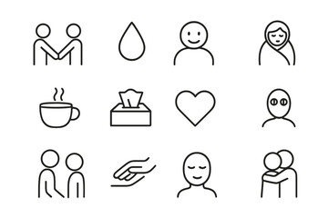 Emotional Connection Icons. Outline icon set of emotional connection moments: two people holding hands, tear