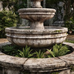 Fototapeta premium Tiered Stone Fountain with Ferns and Water Flow flowing