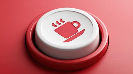 Steaming coffee cup icon on white round button against vibrant red background, symbolizing relaxing moment with favorite hot drink