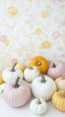 Decorative pumpkins in pastel and vibrant colors for autumn harvest decor display
