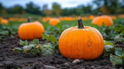 Bright orange pumpkins in a rural field during autumn harvest season