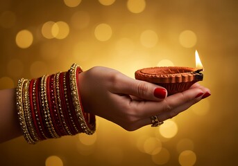 Hand holding diya lamp tradition