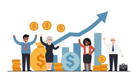 Obraz premium A group of diverse business professionals celebrate financial success, surrounded by rising graphs and money symbols.
