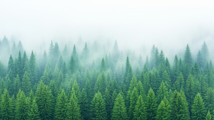 The dramatic wall fir-tree forest against the gray sky in the fog for creative background