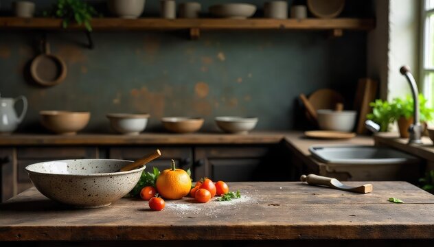 A rustic kitchen scene with empty bowls, scattered utensils, and a worn wooden table, conveying a feeling of delightful hunger and anticipation for a meal , rustic kitchen, hungry