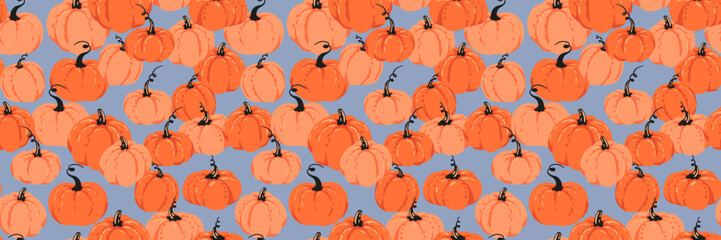 Seamless vector pattern with dense orange pumpkins on a muted blue background. Template for autumn themed packaging, textiles, scrap booking, and Thanksgiving designs