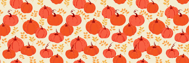 Seamless vector pattern with orange pumpkins and golden leaves on a light beige background. A cozy fall harvest design for Thanksgiving, textiles, and seasonal decor
