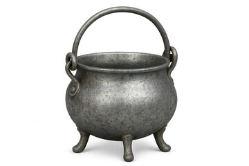 Metallic cooking pot with handle and three legs, isolated on transparent background, ideal for fantasy or historical projects