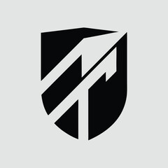 Black and white shield logo with diagonal lines and pointed top graphic design element