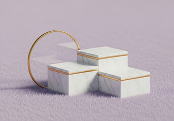 Modern geometric podium with gold accents on a textured purple background