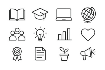 Education Startup Icons. Outline icon set of education-focused startups: open book, graduation cap, laptop,