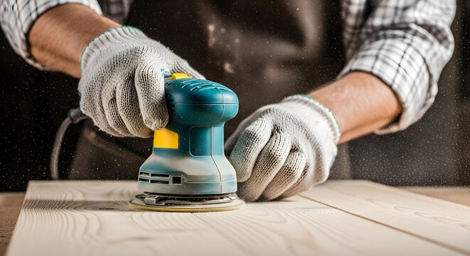A skilled carpenter uses an electric sander to smooth wooden planks in a workshop - Powered by Adobe