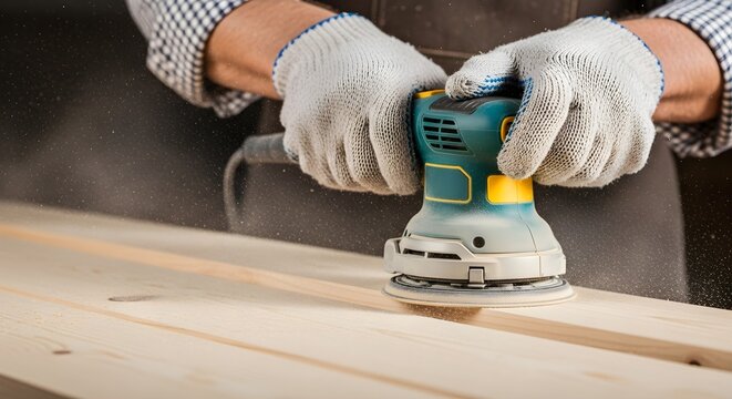 A skilled carpenter uses an electric sander to smooth wooden planks in a workshop - Powered by Adobe