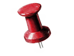 Close-up detailed illustration of a red pushpin isolated on a black background with shading