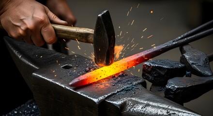 A blacksmith's intense work, shaping metal with a hammer on an anvil, creating sparks and fire.