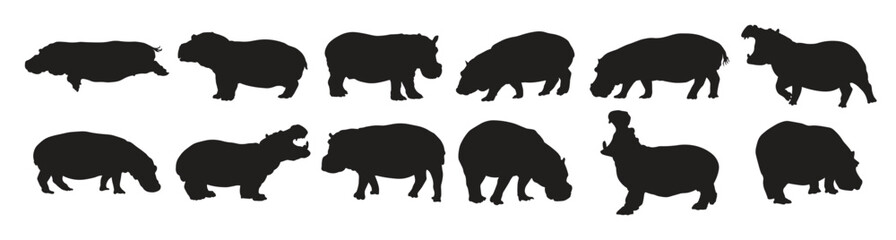  hippopotamus silhouette vector illustration set