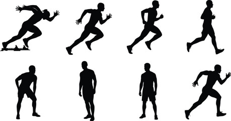 Silhouette of male runners in various poses, sprinting, jogging, and standing, perfect for fitness, training, and athletic performance themes.