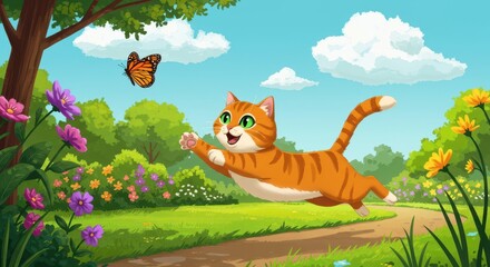 A joyful orange tabby cat leaps through a vibrant garden, chasing a monarch butterfly on a sunny day.