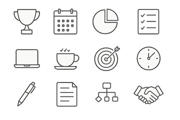 Project Milestone Icons. Outline icon set of project milestone achievement: trophy, calendar, pie chart,