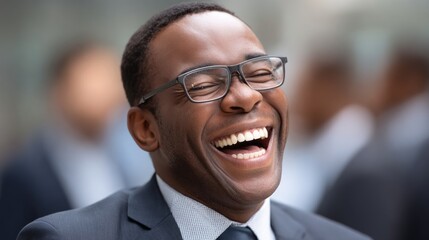 Fototapeta premium Business professional laughing joyfully outdoors in a busy urban environment during a bright day