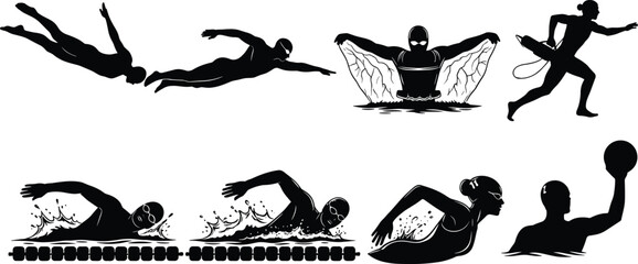 Silhouette of swimmers in action, including freestyle, butterfly stroke, water polo, and lifeguard sprinting, perfect for aquatic sports concepts.