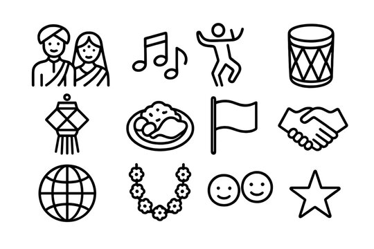 Multicultural Celebration Icons. Outline icon set of multicultural celebration: traditional clothing, music
