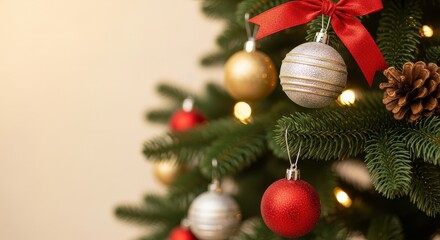 Beautifully Decorated Christmas Tree With Ornaments Lights and Pinecone Details