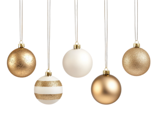 Golden and white Christmas ornaments hang gracefully against a black backdrop.