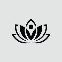 A black and white lotus flower logo with a simple design