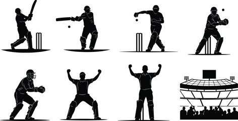 Silhouettes of cricket players in action with bats, balls, wickets, celebration, fielding, and stadium crowd for sports illustrations.
