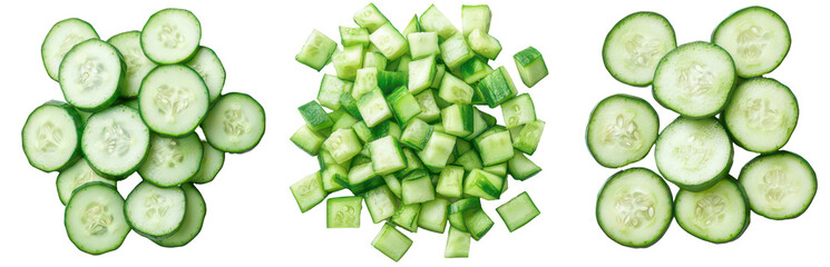Close up of fresh, sliced and diced cucumbers, ideal for culinary use or healthy eating.