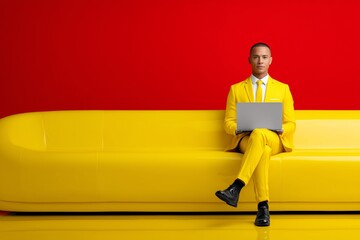 Man in yellow suit with laptop, professional posture in red and yellow setting
