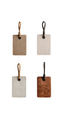 Four square tags, light beige, off-white, and brown leather, with wooden/brown handles
