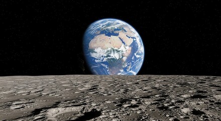 Earth Rises Over the Lunar Surface With Stars Visible in the Black Sky