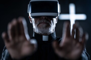 Older priest using VR headset with hands raised, virtual reality faith immersion