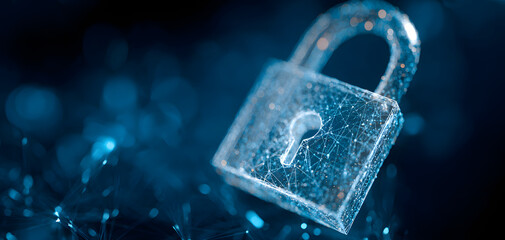 Convey the essence of cyber security technology withan image featuring a digitl padlock representing dat encryption and network prtection, displayed againsta deep blue backdrop, highighting