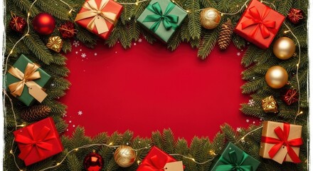 Festive Christmas Wreath Border with Gifts Ornaments and Lights for Holiday Celebration