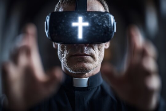 Priest wearing VR headset with glowing cross, virtual reality faith immersion