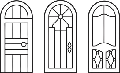 Three arched door designs, featuring intricate details and vintage charm in a simple line drawing, perfect for architectural projects