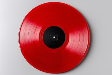 Red vinyl record on light gray background, modern minimal analog audio concept