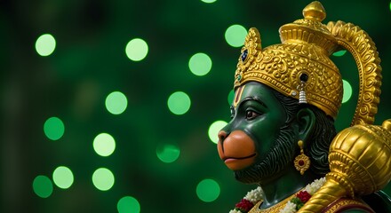 Golden Crowned Green Monkey Statue with Festive Bokeh Background