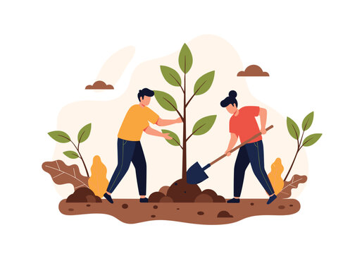 Two people are planting a tree together in a garden surrounded by plants and dirt helping the environment