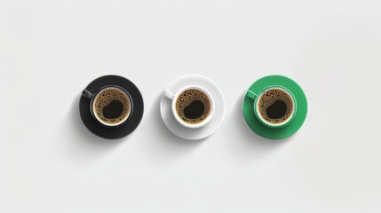 Minimalist coffee cup arrangement with black, white, and green porcelain vessels positioned symmetrically on pristine white surface, highlighting geometric design contrast