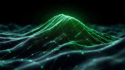 Abstract Cyber Landscape: An evocative digital artwork featuring a rolling, wave-like landscape constructed from interconnected nodes and shimmering lines.