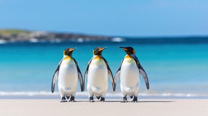 Fototapeta premium Three king penguins walking to the sea on a sandy beach