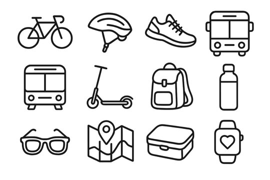 Healthy Commuting Icons. Outline icon set of healthy commuting: bicycle, helmet, walking shoes, bus, train,