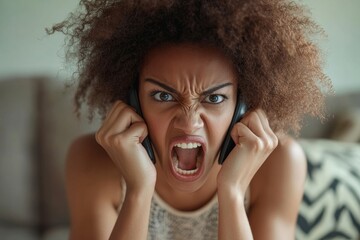 Frustrated and angry woman talking on the phone, African American woman shouting and angrily speaking to the interlocutor, sitting on the sofa in the living room of the house alone, Generative AI
