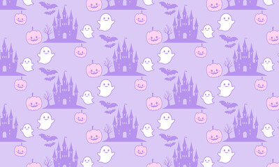 ハロウィンのかぼちゃとお化けとシルエットのお城とコウモリのかわいいパステルカラーのシームレス背景壁紙