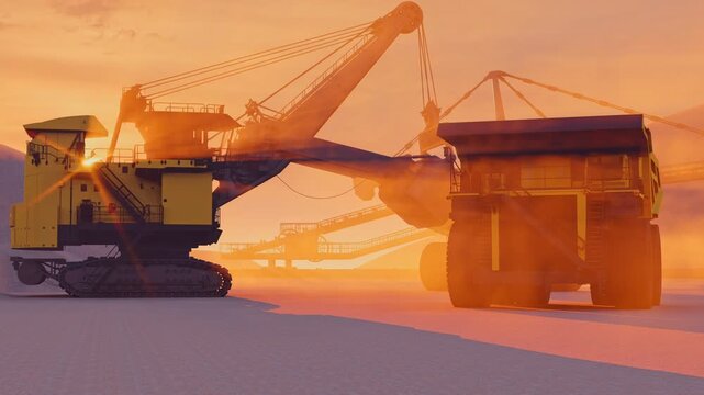 Mining dump truck and excavator in a quarry in a mining enterprise. Big yellow mining truck at work open pit mine. Excavator loading dumper trucks at sunset. Big mining excavator at sunset. 
