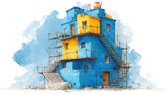 Vibrant, multi-level building in blue & yellow, with scaffolding and terracotta pot